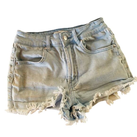 3/$20 FOREVER 21 F21 Blue White Wash Distress Cut Off Denim Jean Mini Shorts 24 - Picture 1 of 6